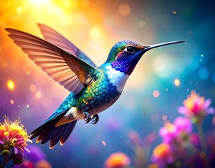 Vibrant hummingbird in flight, surrounded by colorful flowers and bokeh
