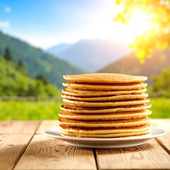 Stack of pancakes on a table, idyllic landscape