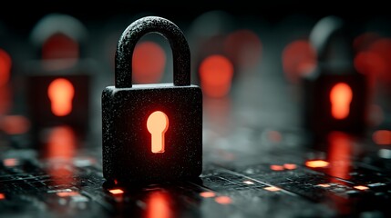 Cyber protection theme with glowing padlock over digital surface with pulsing binary lights