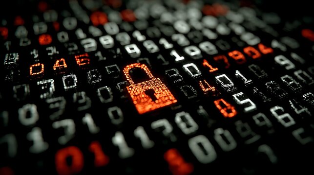 Security interface with simple lock icon and transparent layers of binary code