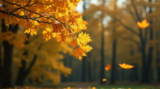 A close-up view of a branch laden with vibrant golden-orange autumn leaves, gently swaying in a park setting.