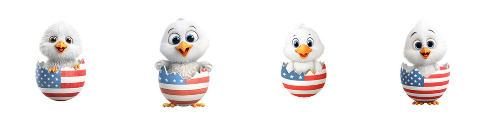 Fototapeta premium Patriotic Chicks: Adorable Cartoon Hatchlings in American Flag Eggshells