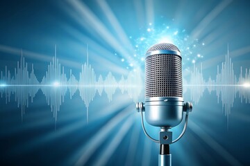 Retro Microphone with Sound Waves and Blue Background