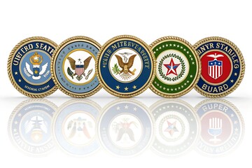 Five us military service branch emblem rings lined up together