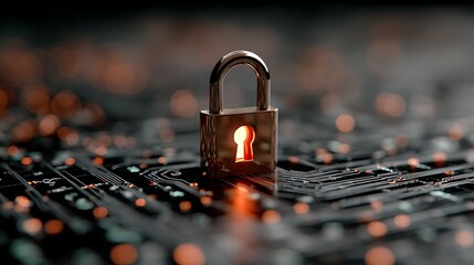 Central glowing lock set on a layered digital circuit board with flowing binary symbols