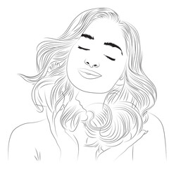 A minimalist black and white line drawing portrays a serene woman with closed eyes and a gentle smile, her wavy hair flowing as she softly touches her neck.