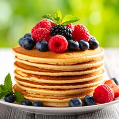 Stack of pancakes topped with berries