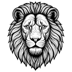 Majestic Lion Portrait Intricate Black and White Illustration of a Regal Feline Head, Symbolizing Strength and Wild Beauty