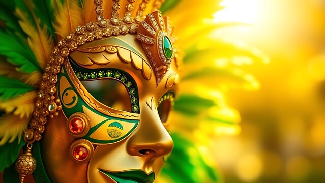 Golden-green feathered carnival mask with gemstones, representing Brazil Independence Day's festive luxury.