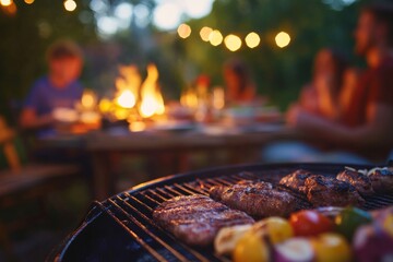 Outdoor barbecue in the evening, surrounded by a group of people enjoying grilled foods and conversation
