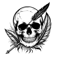 Obraz premium Skull with Quill and Feather - Tattoo Design