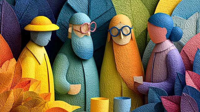 Flatlay of paper crafted people in discussion around desk with vibrant color scheme and studio style