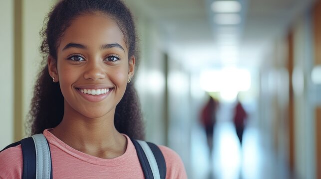 Young student with backpack in school hallway, smiling and confident. - Powered by Adobe