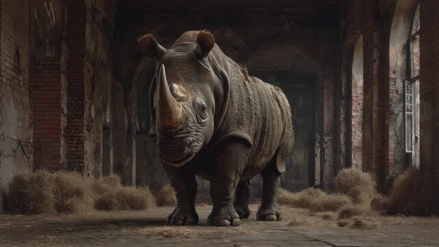 Solitary rhinoceros standing calmly inside aged building with exposed brickwork