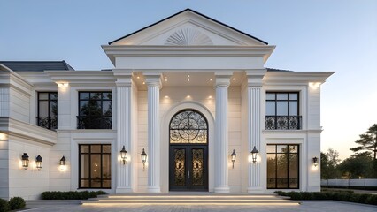 Obraz premium Luxurious Modern Neoclassical Mansion with Columns and Ornate Iron Double Doors at Dusk