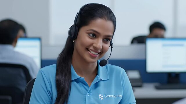A smiling customer service representative provides excellent support using a headset and computer.