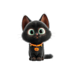 Adorable Black Kitten with Halloween Pumpkin Collar - 3D Render