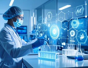 A female scientist in a lab coat, mask, and gloves uses a pipette to work with test tubes, with digital interface overlay.