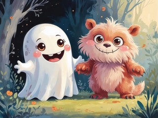 Obraz premium Two adorable ghosts and a friendly fluffy monster sitting in a magical forest at night. A cute and whimsical autumn scene with glowing pumpkins