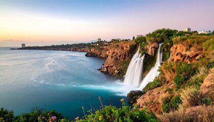 Coastal waterfall at sunrise