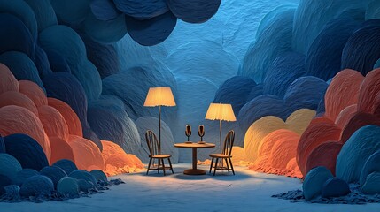 Fun abstract setting with paper silhouettes sitting around table and colorful circular microphones