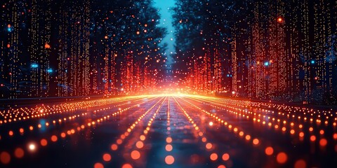 Fototapeta premium Vibrant illuminated pathway lined with glowing lights, creating a magical atmosphere perfect for festive events or holiday promotions.
