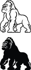 Gorilla Icons. Black and White Vector Illustration. Monkey, Large and Dangerous Primate. For Coloring Book Design. Animals Concept
