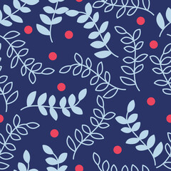  Seamless pattern with floral branches and berries. Modern Delicate Floral Branches and Berries Repeat Textile Pattern.