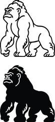 Gorilla Icons. Black and White Vector Illustration. Monkey, Large and Dangerous Primate. For Coloring Book Design. Animals Concept
