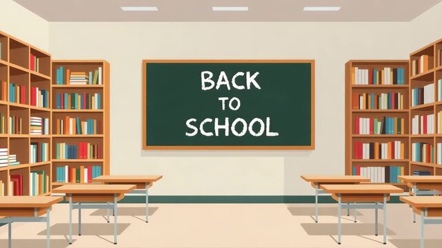 Back to school lettering on chalk board in school classroom, cartoon vector style, learning process and knowledge acquisition concept