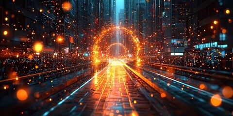 Fototapeta premium Futuristic cityscape with glowing orange portal and vibrant sparks, creating a dynamic atmosphere of innovation and technology.