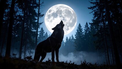 Full moon howling wolf in misty forest