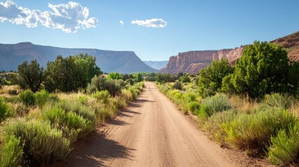 Scenic dirt road winding through vibrant green shrubs and majestic mountains under a clear blue sky in a tranquil landscape
