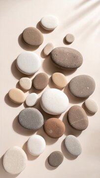 Piedras redondeadas lisas sobre superficie beige, concepto de equilibrio, spa y relajaci&oacute;n