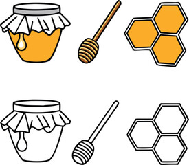 Coloring book for kids honey in a jar and honeycomb