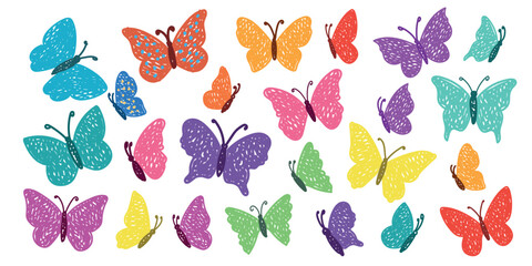 Colorful hand drawn butterfly doodle set. Fun sketchy wax crayon chalk-style insect vector illustration. Perfect for kids design, spring clipart, nature patterns, nursery decor, cards, and textiles.