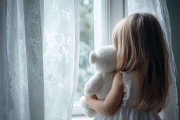Girl holding toy bear, looking out of window at night, soft lighting inside room