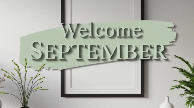 Welcome September: Green Brushstroke on White Wall