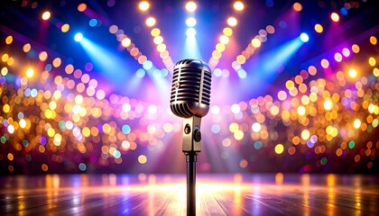 Vintage microphone on stage, vibrant stage lights