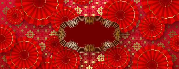 Chinese New Year. Exquisite red greeting card with isolated figured frame.