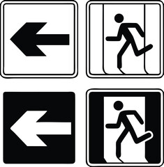 Emergency Exit Signs Pointing Left. Black and white vector icons. Warning sign. Man running to the door. Emergency evacuation symbol