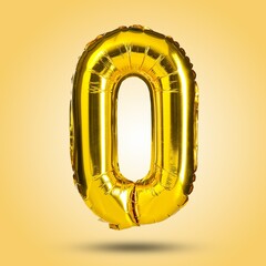 A shiny, inflated golden number zero balloon floats against a vibrant yellow background. Ideal for...