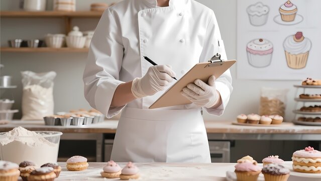 Baker recording (like recipes, production processes) in the kitchen, combined with baking elements, showcasing baking skills and pastry production management.