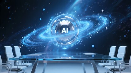 Holographic AI - themed universe in a conference room, showcasing futuristic tech concepts.