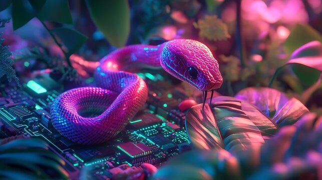 A neon snake coiling around a glowing circuit board in a high-tech jungle