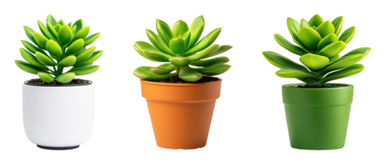 Trio of vibrant succulent plants in decorative pots