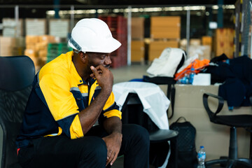 African male warehouse worker in yellow safety uniform sitting on chair resting during break with...
