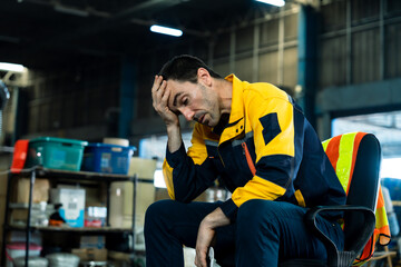 Adult male warehouse employee sitting on chair feeling exhausted after work wearing yellow uniform...