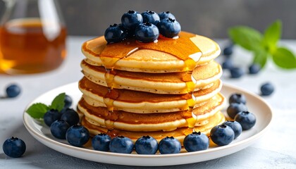 Stack of pancakes topped with blueberries and syrup