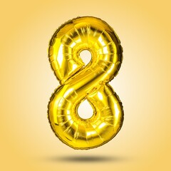 A shiny, golden number eight balloon, isolated on a bright yellow background. Perfect for birthday...